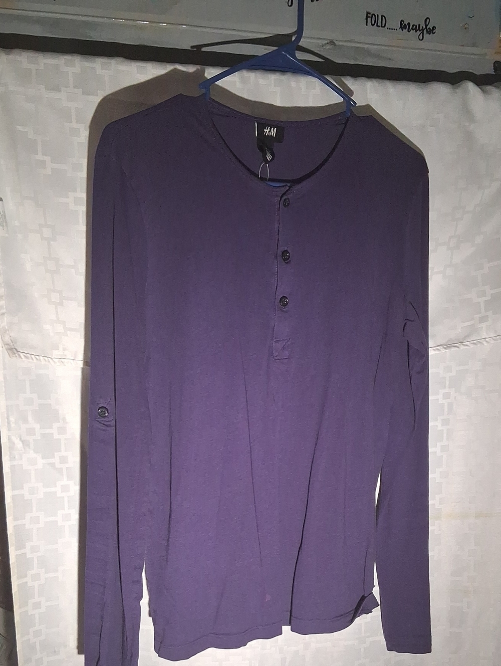H&M Men's Long-Sleeve ((Don) Henley)Shirt in Deep Purple With Roll-tab sleeves